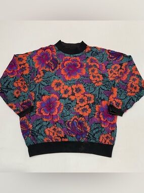 Vintage 90s Long Sleeve Top Colorful Statement Floral Print Sz Med Art Teacher